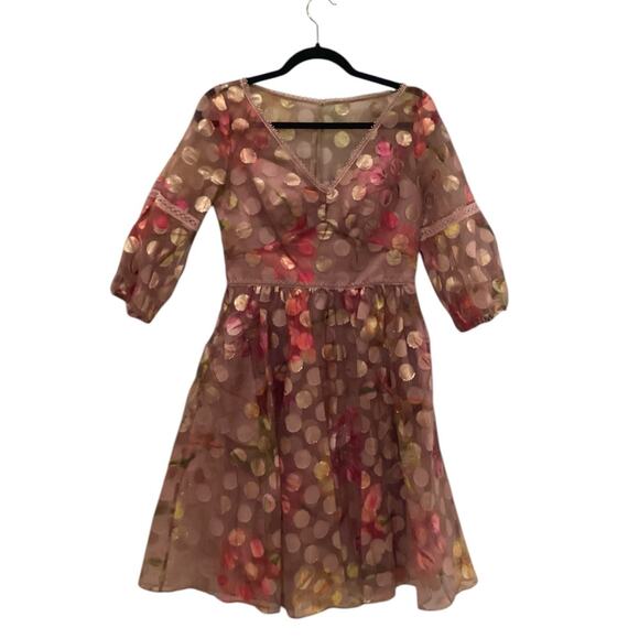 Marchesa Notte V-Neck Bubble Sleeve Polka Dot Cocktail Dress Blush Size 4 - Picture 6 of 16